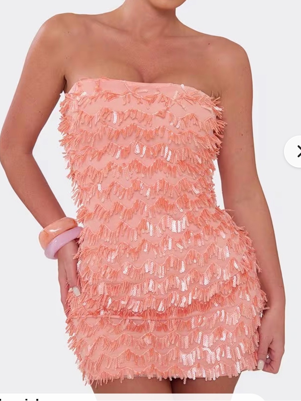EGO Peach Strapless Sequin Fringe Mini Dress